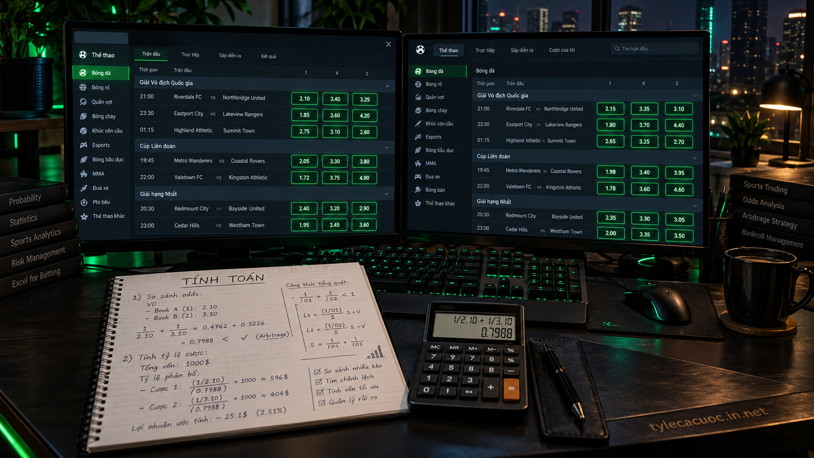 Bàn làm việc phân tích số liệu áp dụng chiến thuật đánh surebet chuyên nghiệp