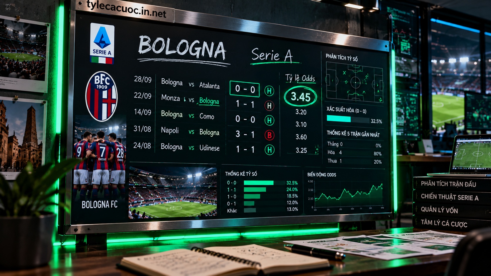 Bảng dữ liệu thực chiến kèo hòa câu lạc bộ Bologna giải Serie A với tỷ lệ odds 3.45