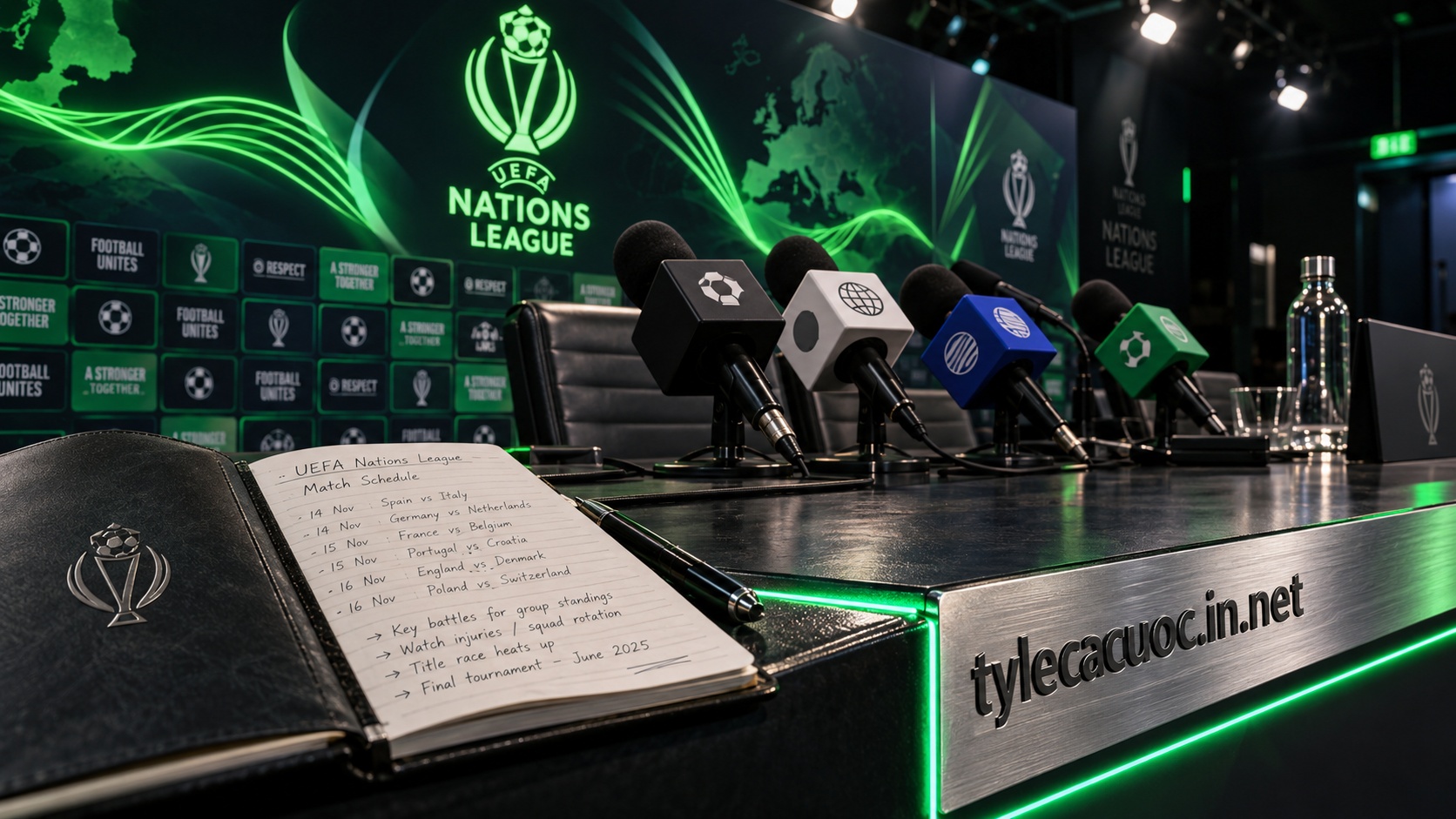 Bàn họp báo quốc tế cập nhật tin tức uefa nations league và lịch thi đấu nhóm A