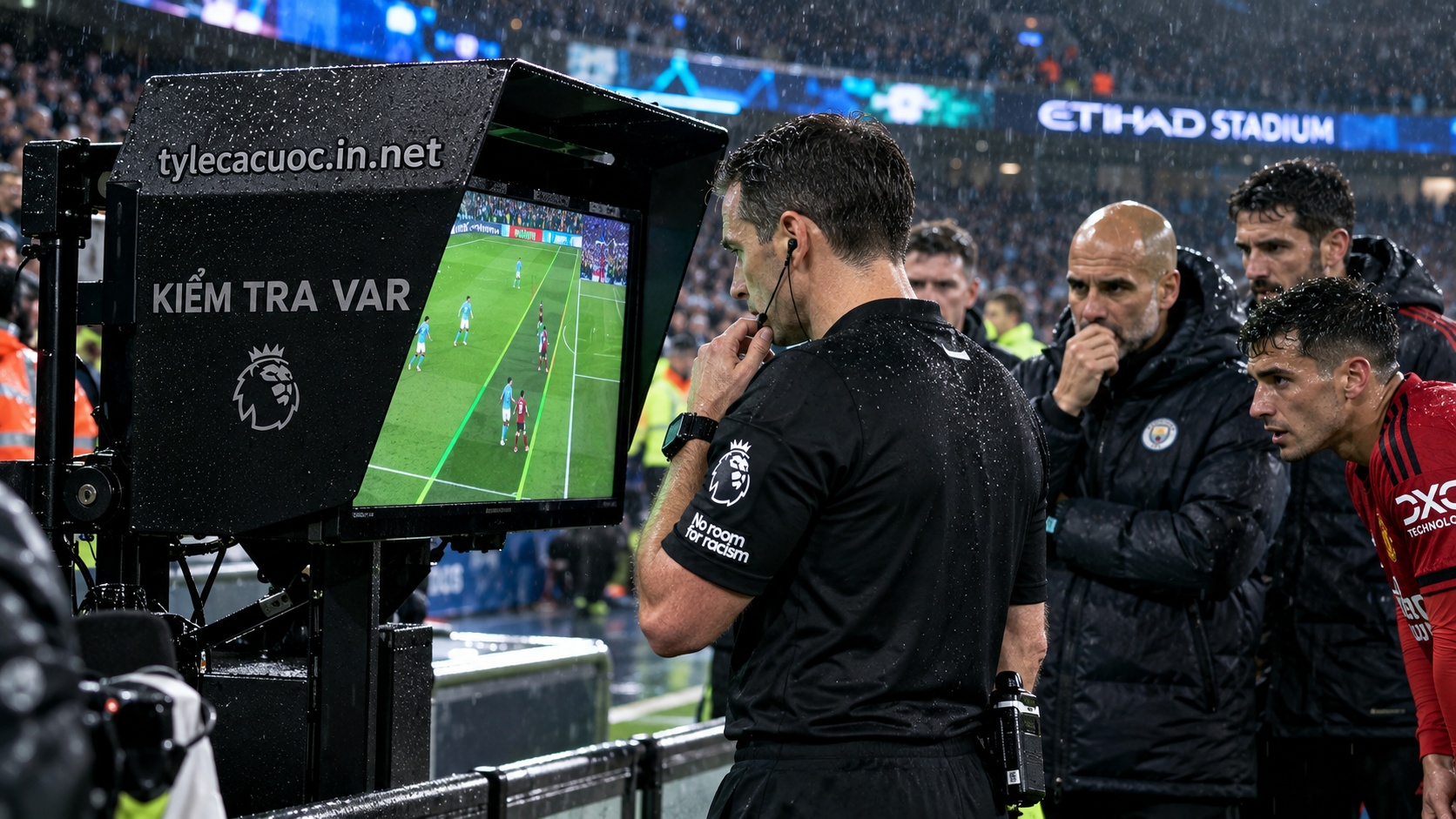 Tình huống trọng tài kiểm tra công nghệ VAR trong kết quả trận derby manchester