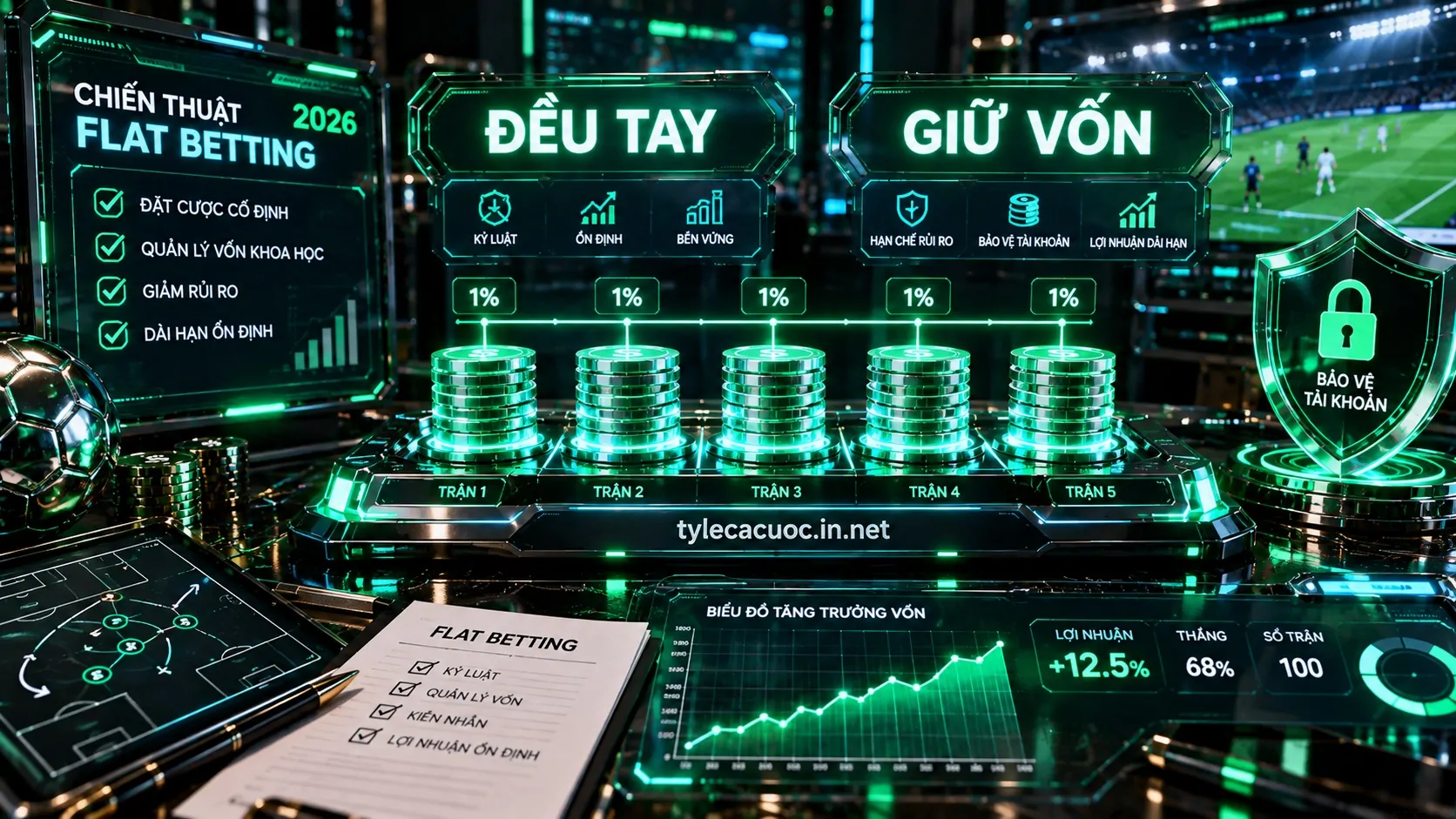Bảng dữ liệu chiến thuật flat betting phát sáng màu xanh neon phân tích quản lý vốn cược