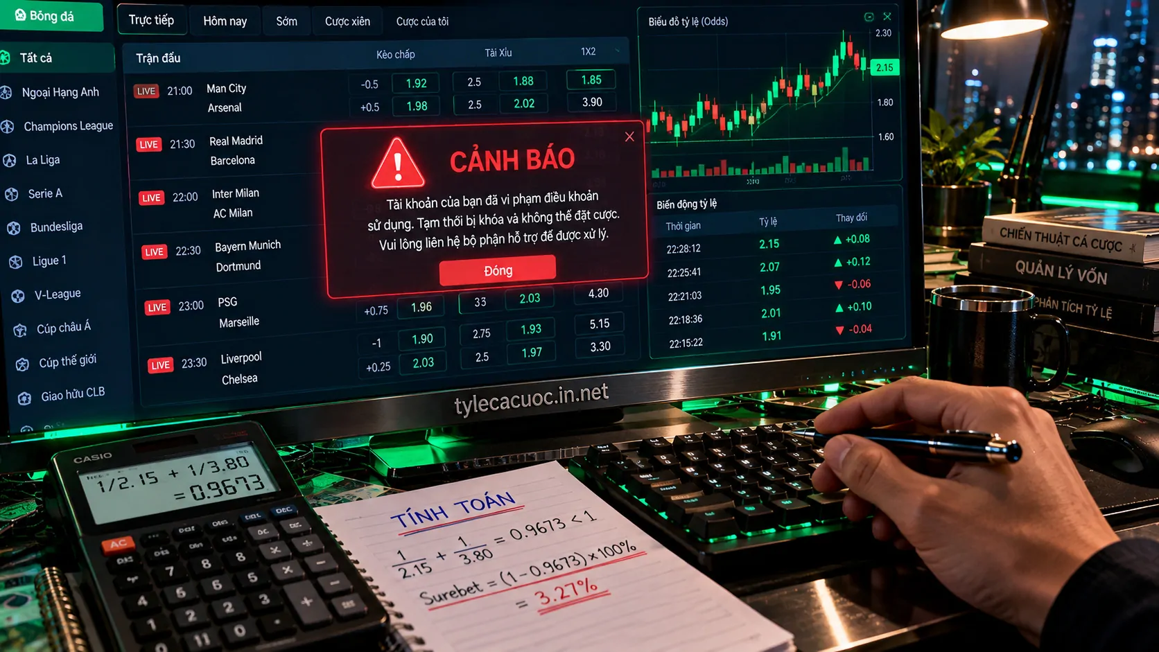 Màn hình cảnh báo giới hạn tài khoản khi áp dụng công thức tính surebet