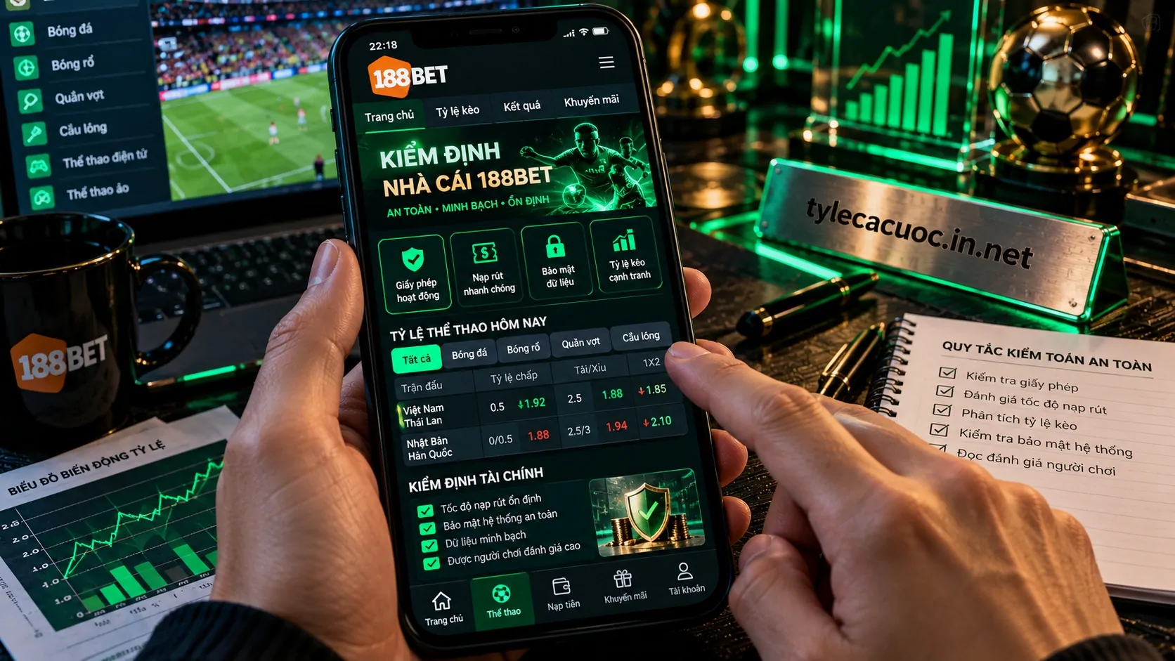 Thao tác kiểm định chứng chỉ an toàn tài chính và tỷ lệ kèo trực tiếp trên giao diện tiếng Việt