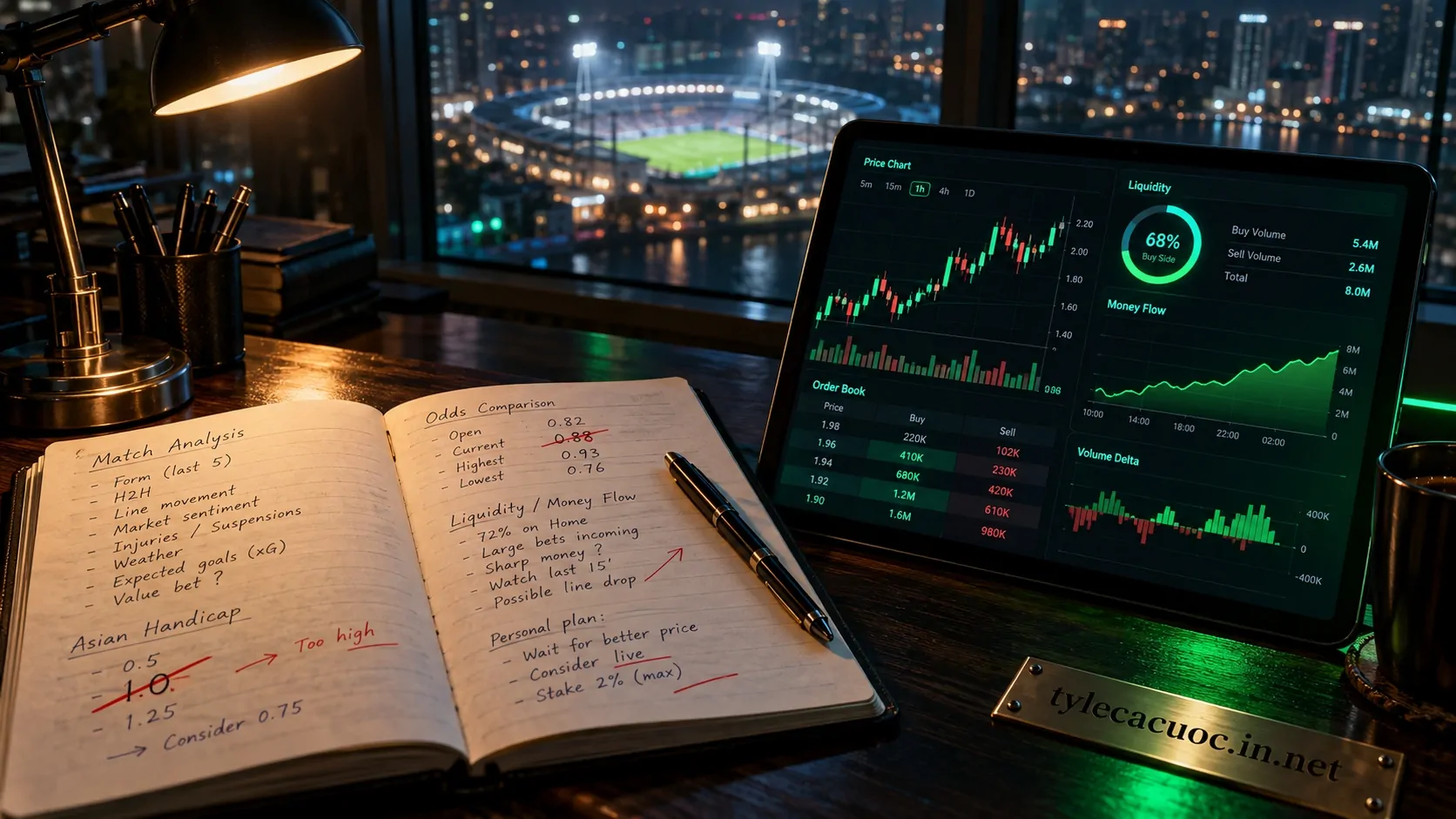 Bàn làm việc phân tích số liệu soi kèo chấp 1 trái với sổ ghi chép odds và đồ thị thanh khoản
