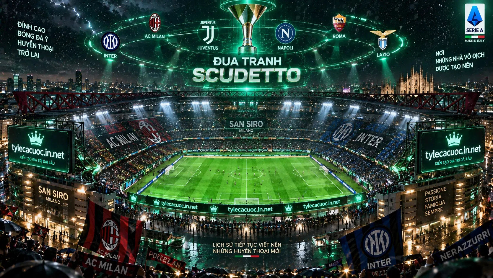 Toàn cảnh sân vận động rực sáng trong đêm và tin tức bóng đá Serie A hấp dẫn