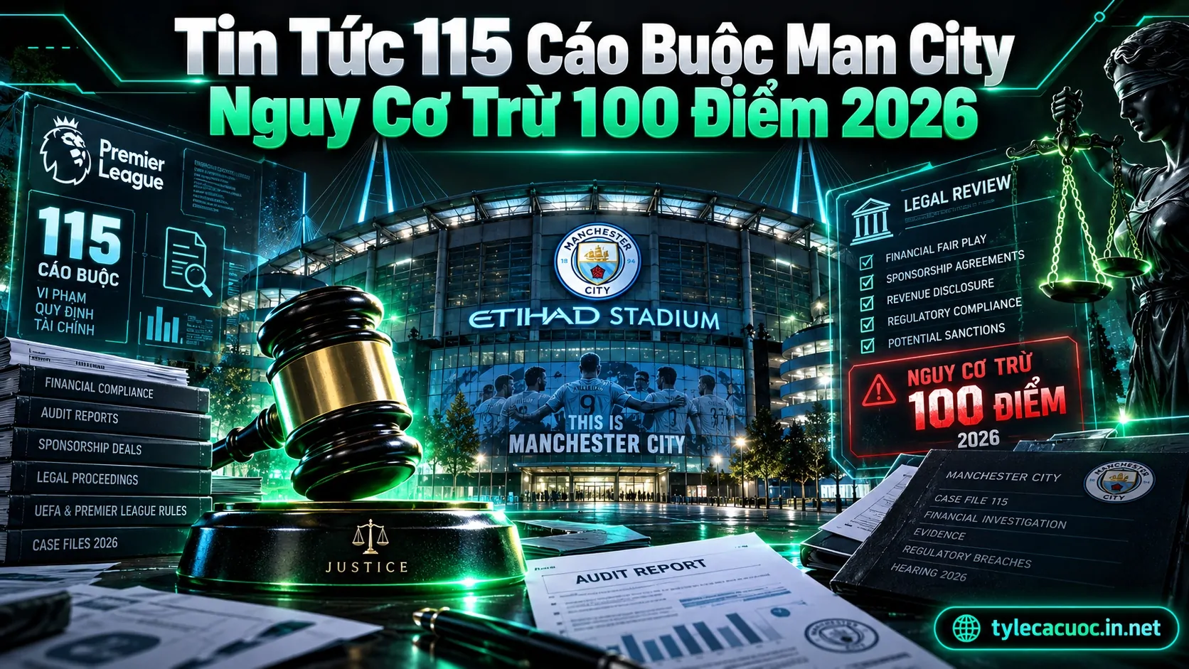 Poster đồ họa truyền thông quốc tế cập nhật tin tức 115 cáo buộc Man City và phiên điều trần thế kỷ