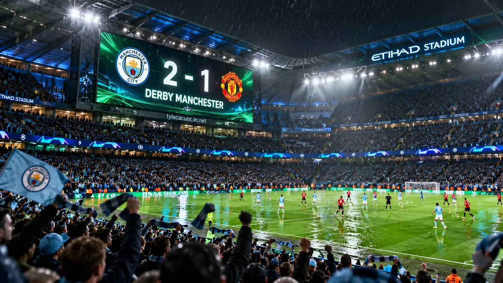 Hình ảnh tin tức derby manchester với tỷ số 2-1 trên bảng điện tử sân vận động
