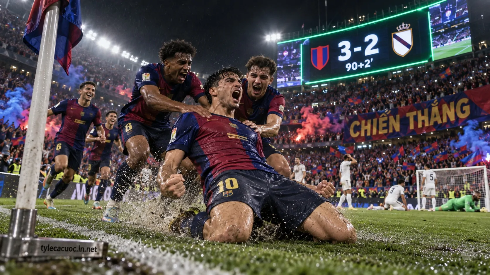 Khoảnh khắc cầu thủ ăn mừng bàn thắng ấn định tỷ số 3-2 đầy kịch tính trong tin tức El Clasico